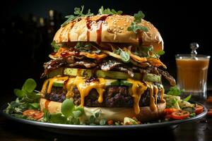 gourmet affaire, une délectable Burger avec croustillant légumes sur une chic assiette ai généré photo