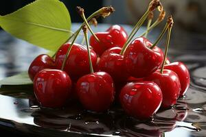 Naturel beauté cerises la grâce une blanc surface, ombres ajouter profondeur ai généré photo