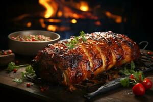 Extérieur un barbecue, savoureux poulet rouleau avec épices, une pique-nique sensation ai généré photo