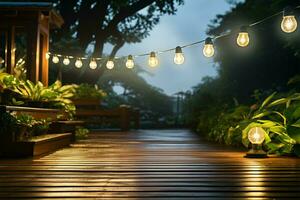 entrée à jardin chemin illuminé par lumières sur en bois porche ai généré photo