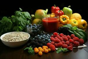 nutritionnisme dans action Frais des légumes et des fruits aux côtés de une régime plan rapport ai généré photo