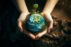 Humain main les soutiens Terre, une concept pour économie le environnement ai généré photo