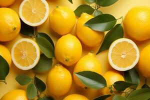 été ambiance agrumes des fruits sur pastel jaune, une minimaliste arrangement ai généré photo