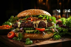 gourmets délice artisanal du boeuf hamburgers, Frais légumes, arrangé sur bois ai généré photo