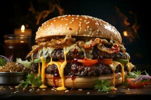 Urbain gourmets délice juteux Burger avec croustillant légumes et fondu fromage ai généré photo