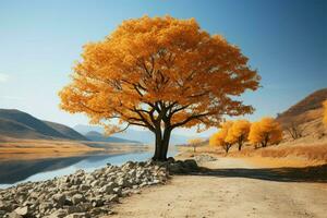 Stupéfiant saisonnier vue l'automne arbre feuilles et une clair ciel forme le paysage ai généré photo