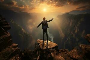 affaires objectif réussite représenté par mans saut plus de gouffre à lever du soleil ai généré photo