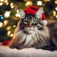 magnifique gros chat dans une Noël chapeau suivant à le Noël arbre photo