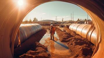 un ingénieur examiner les fouilles l'eau la fourniture ou égout pipeline à construction placer. génératif ai photo