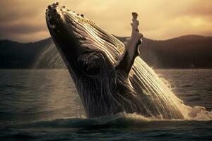 à bosse baleine sauter en dehors de le l'eau. le baleine est pulvérisation l'eau et prêt à tomber sur ses dos. à bosse baleine dans pacifique mer. génératif ai photo