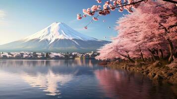 monter Fuji avec Cerise fleur à Lac kawaguchiko dans Japon. Montagne Fuji. généreux ai photo