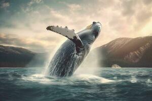 à bosse baleine sauter en dehors de le l'eau. le baleine est pulvérisation l'eau et prêt à tomber sur ses dos. à bosse baleine dans pacifique mer. génératif ai photo