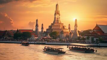 wat arun dans le coucher du soleil à Bangkok, Thaïlande. repère, chao Phraya rivière. produire ai photo