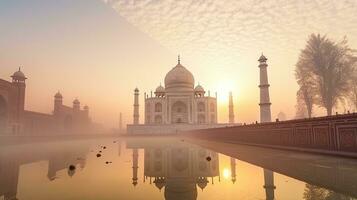 taj Mahal, Indien. Matin brouillard. lever du soleil. génératif ai. photo