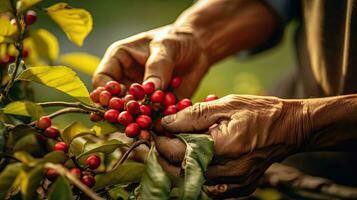 agriculture cueillette café baies, Les agriculteurs main cueillette arabica café baies ou robusta baies par le mains. vietnam. génératif ai photo