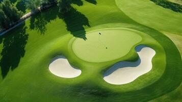 aérien vue de le golf cours avec en mettant vert. le golf cours avec une riches vert gazon magnifique paysage. le golf champ. génératif ai photo