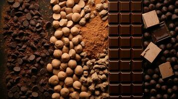 Haut vue de composition de bars et pièces de différent Lait et foncé chocolat, râpé cacao sur une marron Contexte. génératif ai photo