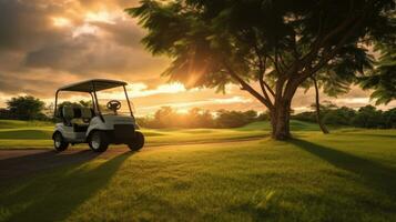 une le golf voiture, le golf Chariot voiture dans fairway de le golf cours avec Frais vert herbe champ et nuage ciel et arbre à le coucher du soleil. génératif ai photo