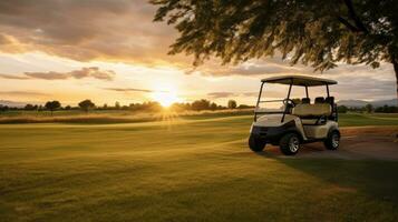 une le golf voiture, le golf Chariot voiture dans fairway de le golf cours avec Frais vert herbe champ et nuage ciel et arbre à le coucher du soleil. génératif ai photo