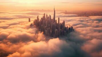 aérien vue de Dubai, uni arabe émirats brumeux Matin lever du soleil. génératif ai photo