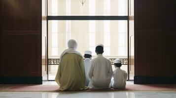 groupe, musulman famille prier dans mosquée à Dieu, islamique traditionnel arabe religion. ai généré. photo