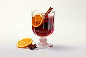 une verre de Réchauffé du vin avec une tranche de Orange et cannelle. le boisson sur une blanc Contexte. photo