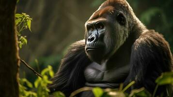 une dos argenté Montagne gorille dans une forêt tropicale. génératif ai photo