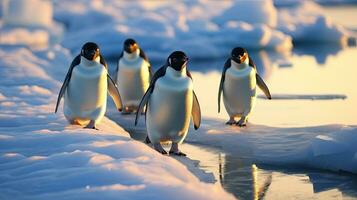 pingouins diapositives sur glace. génératif ai photo