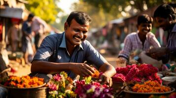 une animé marché avec Les agriculteurs fièrement affichage leur coloré produire tandis que artisans vitrine exquis artisanat au milieu de joyeux à votre santé et rire photo