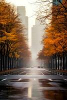 une brumeux en retard l'automne Matin dans le ville avec imposant bâtiments et coloré des arbres Contexte avec vide espace pour texte photo