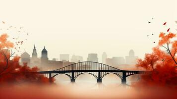 une brumeux en retard l'automne paysage urbain avec coloré feuillage bâtiments et une pont Contexte avec vide espace pour texte photo