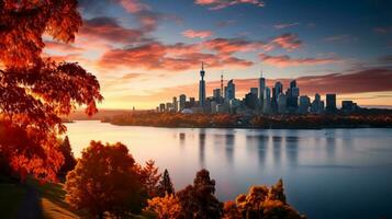 une fascinant en retard l'automne paysage urbain où brillant grattes ciels rencontrer ardent feuillage création une étourdissant contraste de Urbain énergie et Naturel beauté photo