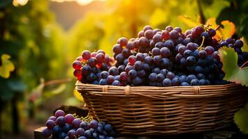 une panier rempli avec fraîchement récolté les raisins capturer le essence de une généreux du vin saison photo