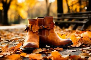 une rustique paire de la cheville bottes entouré par déchue feuilles capturer le essence de l'automne mode les tendances photo