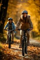 une content famille prend une tranquille bicyclette balade par une pittoresque forêt profiter le vibrant l'automne feuillage photo