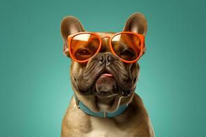une marrant visages chien portant des lunettes de soleil dans le studio. génératif ai. photo