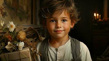 portrait de une peu souriant enfant avec blond cheveux dans sa pièce photo