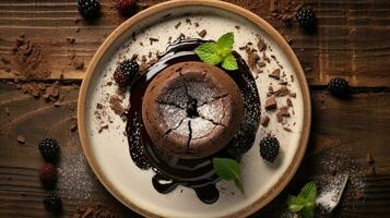 Chocolat lave gâteau garni avec menthe feuilles, génératif ai photo