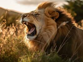 Lion dans le prairie. Roi de le forêt. génératif ai. photo