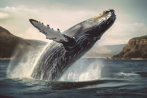 à bosse baleine sauter en dehors de le l'eau. le baleine est pulvérisation l'eau et prêt à tomber sur ses dos. à bosse baleine dans pacifique mer. génératif ai photo