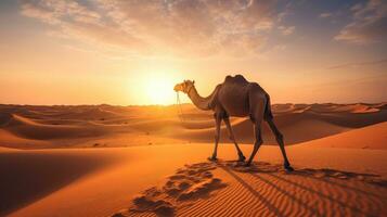 une chameau dans le désert Dubai, uni arabe émirats, magnifique ciel à lever du soleil. génératif ai photo