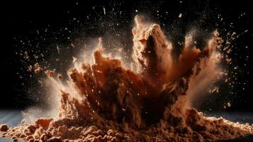 explosion de cacao poudre avec grumeaux sur noir Contexte. génératif ai photo