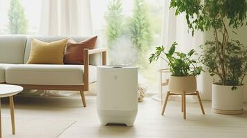 air purificateur dans confortable blanc vivant pièce pour filtre et nettoyage enlever poussière pm2,5 hepa et virus dans maison, air la pollution concept. génératif ai photo