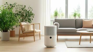 air purificateur dans confortable blanc vivant pièce pour filtre et nettoyage enlever poussière pm2,5 hepa et virus dans maison, air la pollution concept. génératif ai photo