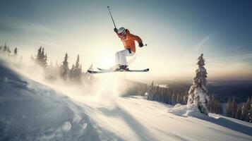 skieur dans saut, Contexte de couvert de neige Montagne descend dans des rayons de le Soleil. ai généré. photo
