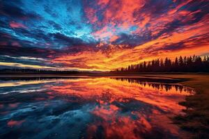 une coloré le coucher du soleil plus de une Lac avec rochers et une Lac dans le premier plan photo