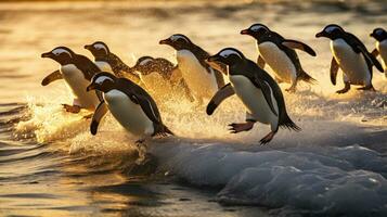 adelie pingouins sauter dans le océan de un iceberg. génératif ai photo