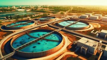 aérien vue de le Eaux usées traitement plante. pompage station et en buvant l'eau fournir. industriel et Urbain l'eau traitement pour une gros ville. rond sédimentation réservoirs. génératif ai photo