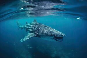 une baleine requin pièces près le surface dans bleu l'eau. baleine requin dans pacifique mer. génératif ai photo