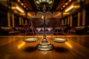 Balance de Justice sur le en bois table dans tribunal salle. loi concept de judiciaire, jurisprudence et Justice et affaires financier protection par loi. génératif ai photo